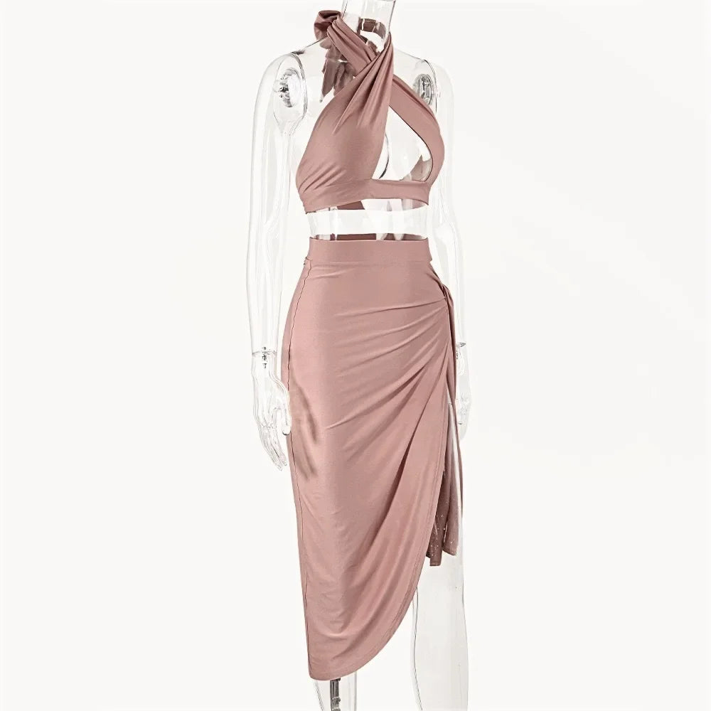 New Backless Party Midi Dress Summer Top and Skirt Set Cross Cropped Black Sleeveless Dresses