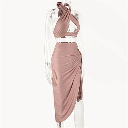 New Backless Party Midi Dress Summer Top and Skirt Set Cross Cropped Black Sleeveless Dresses