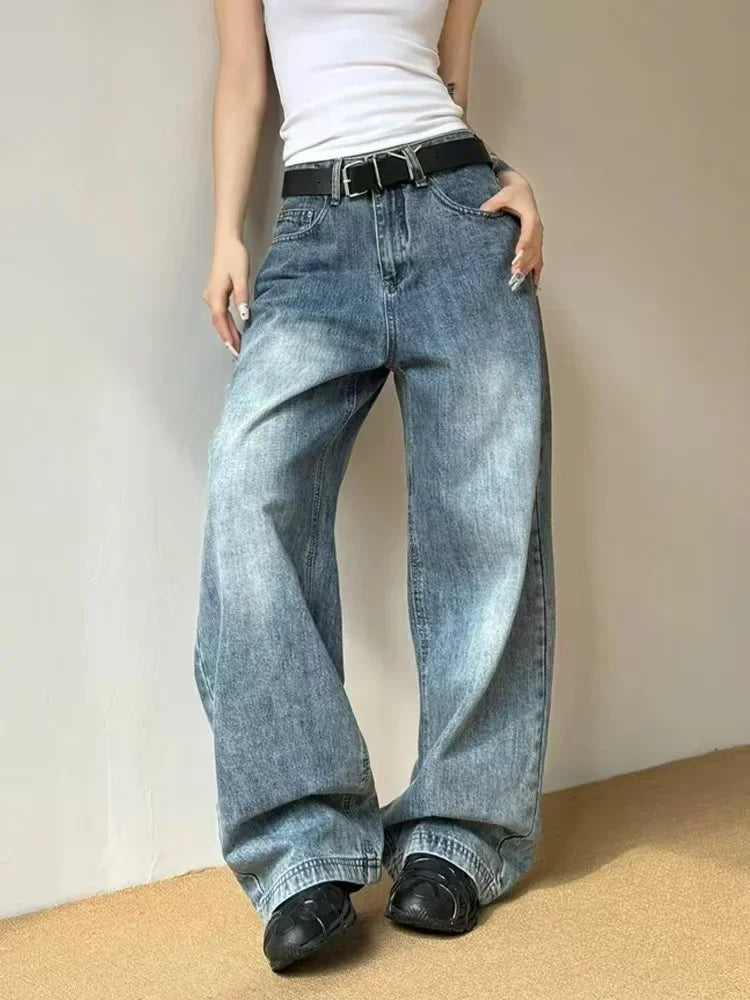 Blue High Waisted Denim Pants Harajuku Y2k Loose Kpop Straight Leg Jeans Hip Hop Trouser