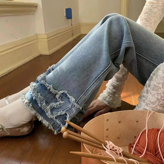 Y2k 2000s Flare Jeans Japanese Bow Patchwork Denim Pants Summer Korean High Waist Slim Straight Trousers New