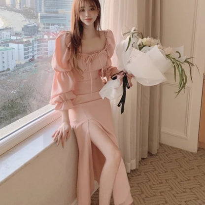 Autumn New Bodycon Midi Dresses for Puff Sleeve Square Collar High Split Office Lady Korean Evening Party Dress