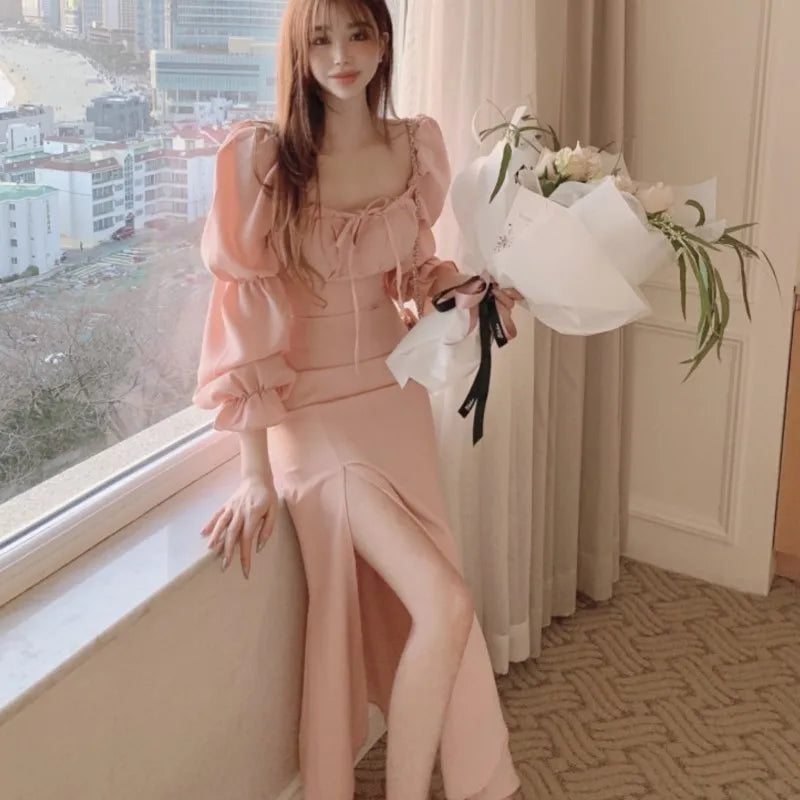 Autumn New Bodycon Midi Dresses for Puff Sleeve Square Collar High Split Office Lady Korean Evening Party Dress