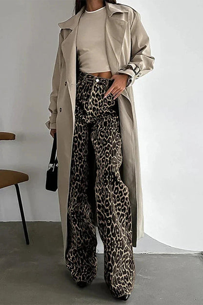 Button Multi Pockets Leopard Print Pants