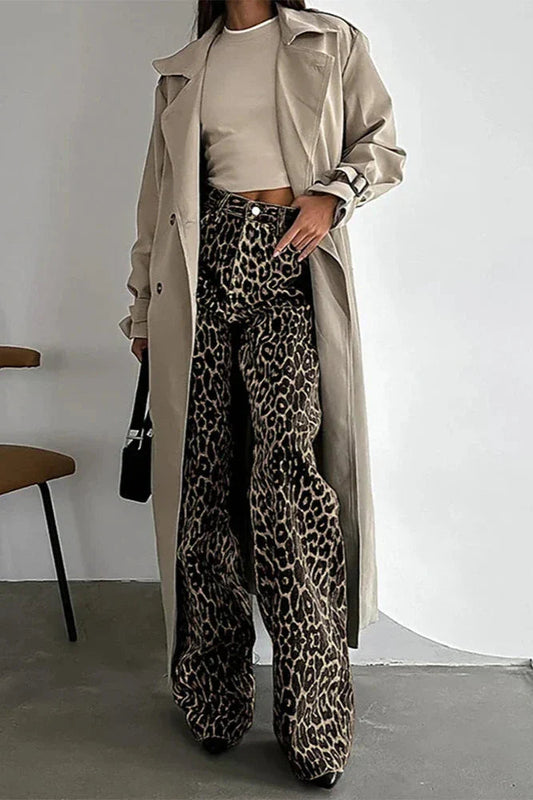Button Multi Pockets Leopard Print Pants