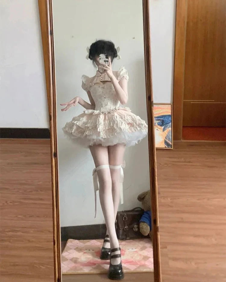 French Temperament Princess Skirt Sets Sweet Bow Strapless Slim Top Ball Gown Skirt Short Sleeve Coat Lolita Threepiece Sets