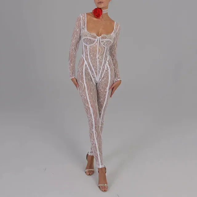 Sheer Lace Hollow Out Jumpsuits Zip Up Backless Outfits Unitards Square Neck Romper Overalls One Piece