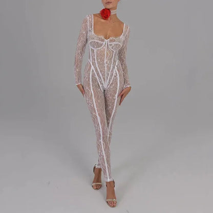 Sheer Lace Hollow Out Jumpsuits Zip Up Backless Outfits Unitards Square Neck Romper Overalls One Piece