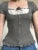T-shirt Patchwork Lace Sweet Square Collar Knitted Tops Ruffles Hem Y2k Gray Tee Shirt Clothes