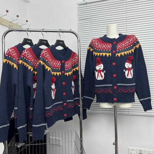 Sweet Hot Girl Retro Knitted Cardigan Winter Snowman Pattern Oneck Loose Sweater Coat Female Clothes