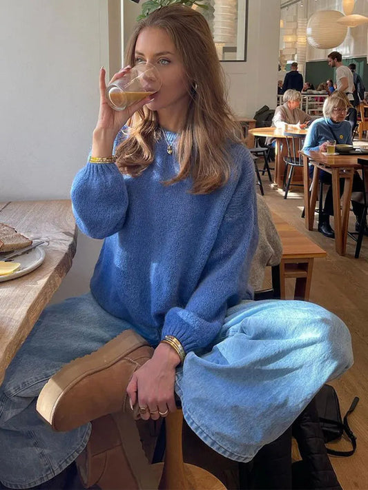 Color Round Neck Long Sleeved Sweater Loose Blue Warm Pullover Autumn Winter Female Street Jumper