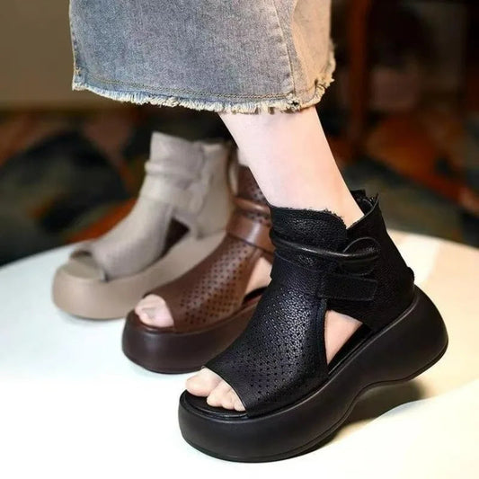New Hollow Breathable Hole Shoes Thick Sole Leather Fish Mouth Hook Loop Retro Comfortable Wedge Sandal 43