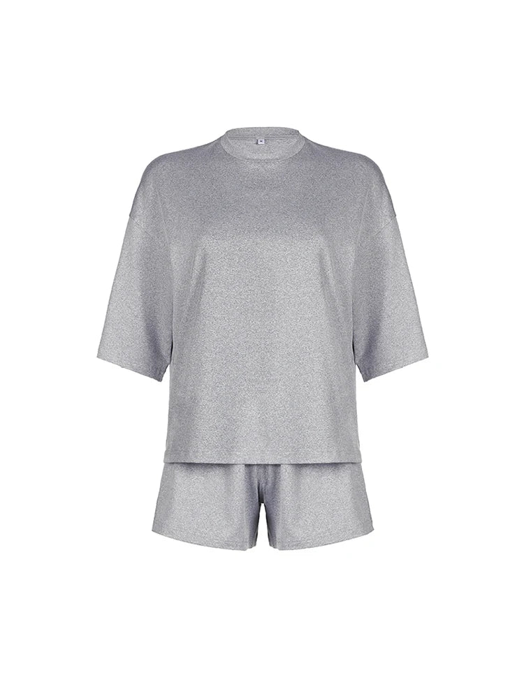 Gray O Neck Loose Basic Half Sleeve T Shirt and Shorts 2 Pieces Sets Leisure Homewear