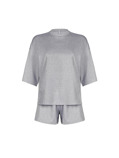 Gray O Neck Loose Basic Half Sleeve T Shirt and Shorts 2 Pieces Sets Leisure Homewear