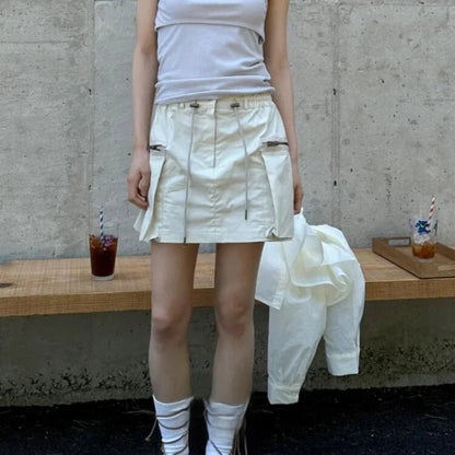 Summer Korean Retro High Street Side Pocket Zipper Drawstring Low Waist Mini Skirt Skirt