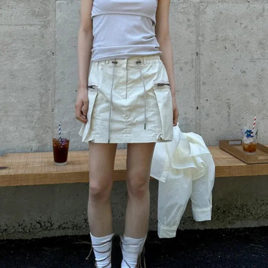 Summer Korean Retro High Street Side Pocket Zipper Drawstring Low Waist Mini Skirt Skirt
