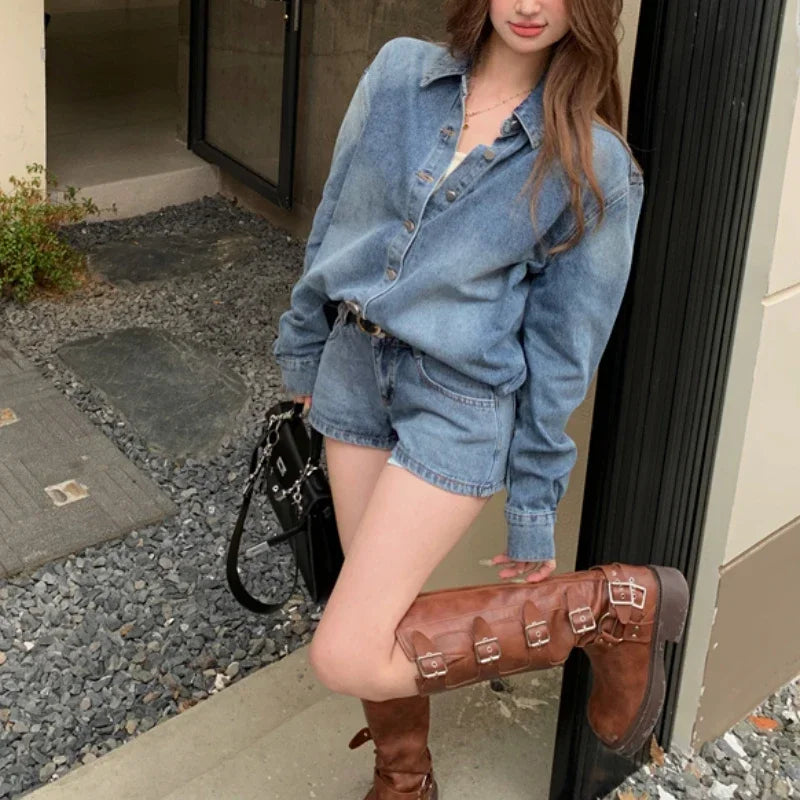 Autumn New Washed Distressed Denim Loose Longsleeved Shirt + Straight Pants Twopiece Suit