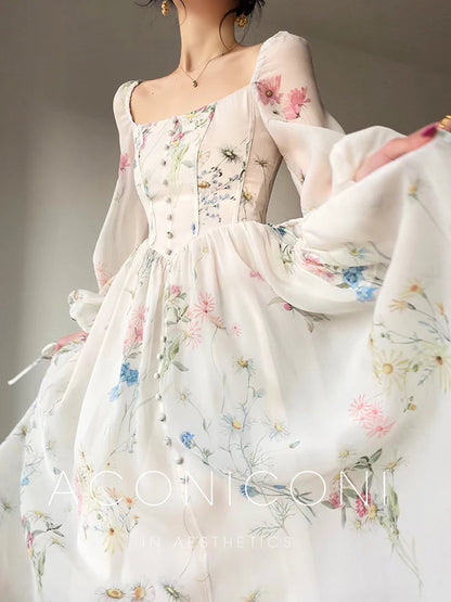 French Vinatge Evening Party Long Dresses for Aline Princess Dress Lantern Sleeve Spring Summer Prom Robe Vestidos