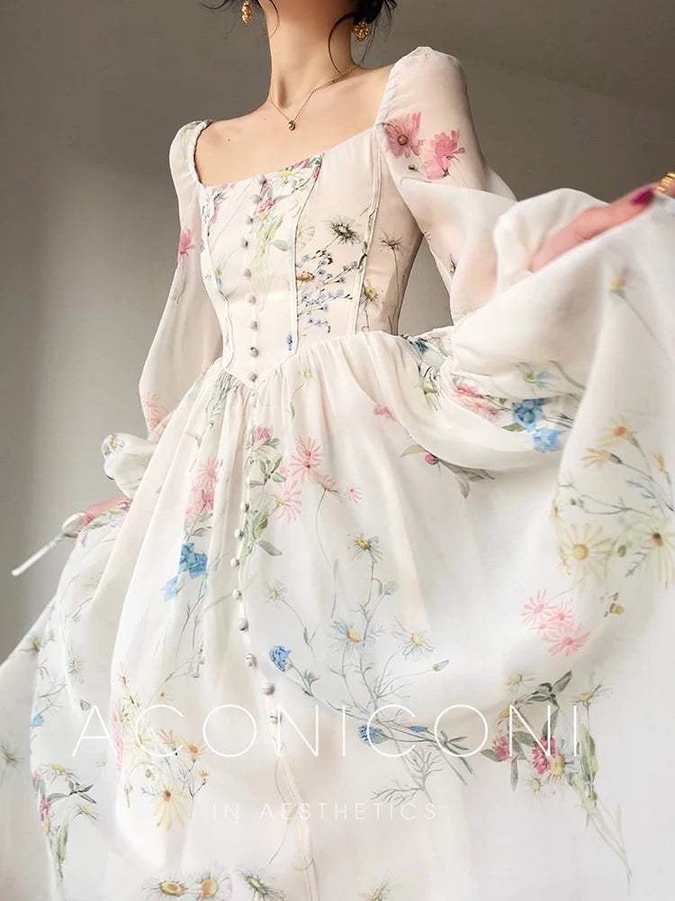 Vinatge Long Dresses Spring Summer French Aline Beach Dress Lantern Sleeve Evening Party Prom Robe Vestidos