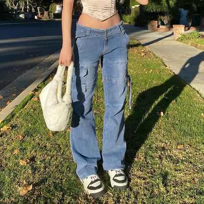 Y2k Street Retro Jeans Midiwaist Belt Drawstring Straight Pants Patchwork Style