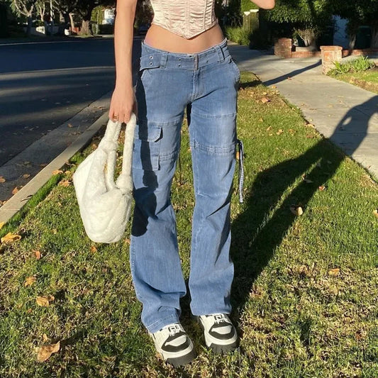 Y2k Street Retro Jeans Midiwaist Belt Drawstring Straight Pants Patchwork Style