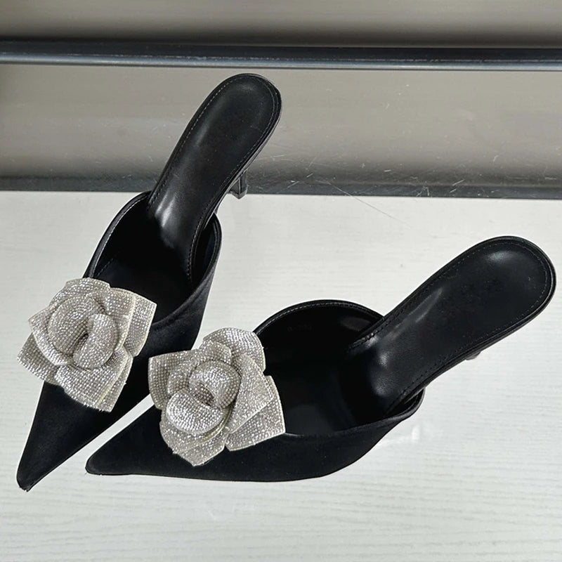 Designer Crystal Flower Silk Pointed Toe Slippers Thin Heels Party Dress Mule Shoes