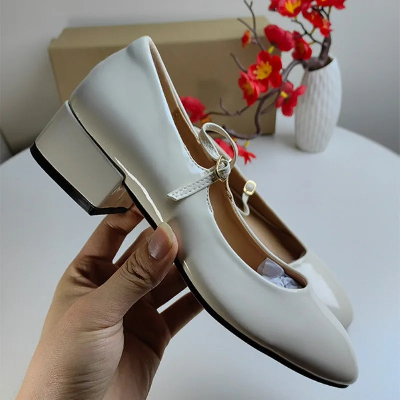 Patent Leather Mary Jane Shoes for Spring White Chunky Low Heels Brand Designer Dress Office Lady Pumps