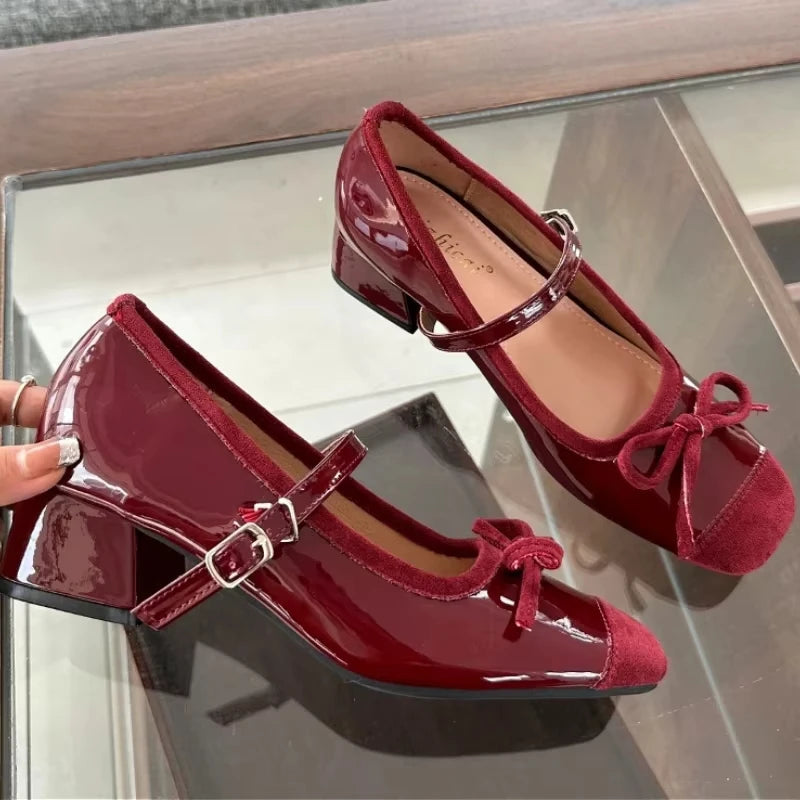 Chunky Mary Jane Shoes New Butterflyknot Ballet Shoes Retro High Heels Dress Shoes Zapatos De Mujer