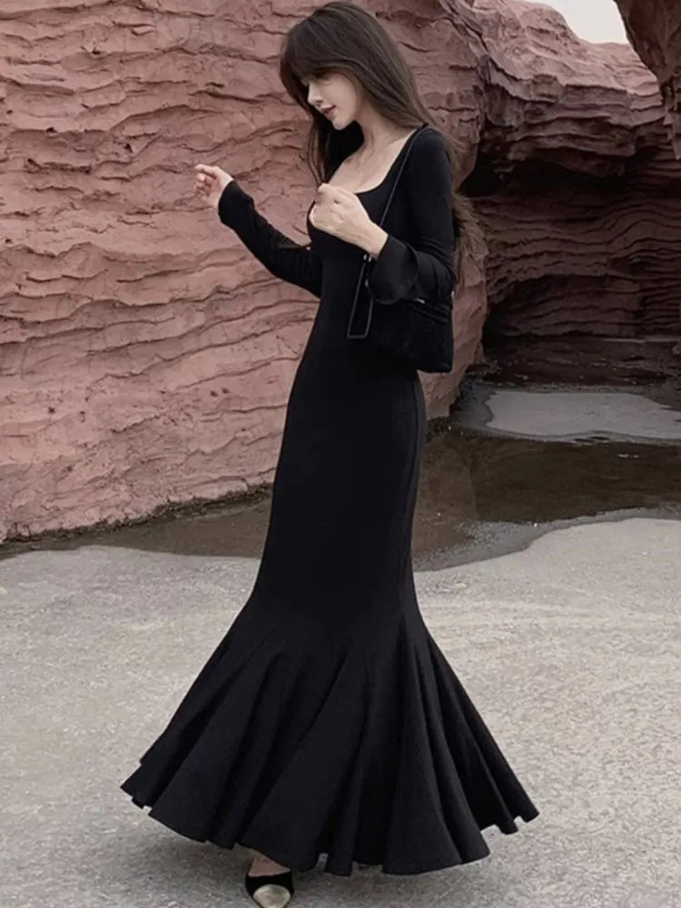 Autumn Long Dresses for Long Sleeves Square Collar Korean Style Slim Fit Mermaid Basic Vestidos New