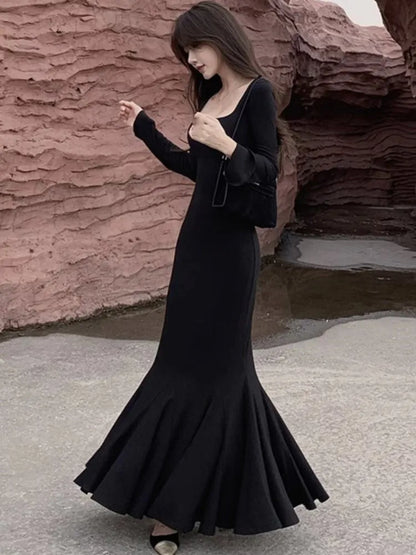 Autumn Long Dresses for Long Sleeves Square Collar Korean Style Slim Fit Mermaid Basic Vestidos New