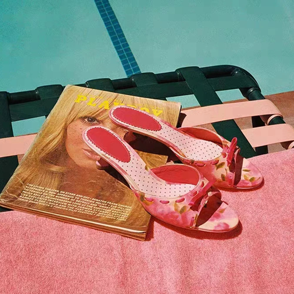 Peep Toe Bow Pink Mules Sweet Round Toe Low Heels Slipon Flower Heart Printed Slippers Summer Rubber Shoes