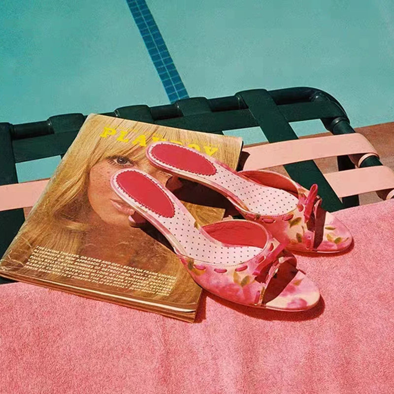 Peep Toe Bow Pink Mules Sweet Round Toe Low Heels Slipon Flower Heart Printed Slippers Summer Rubber Shoes