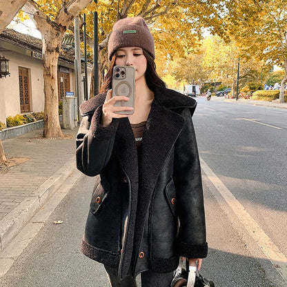 Sweet Hot Girl Lamb Wool Coat Winter Thick Turndown Collar Sueded Doublesided Fur Coat Female Clothes