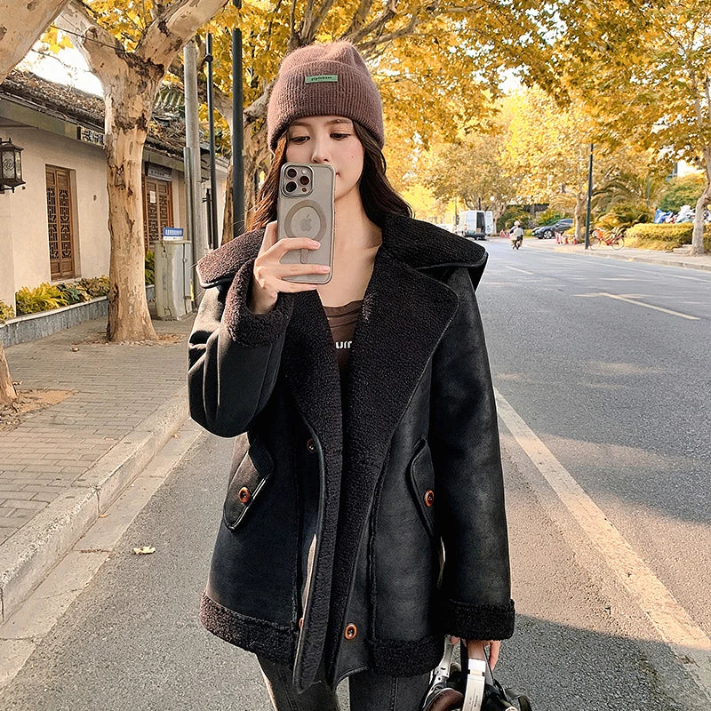 Sweet Hot Girl Lamb Wool Coat Winter Thick Turndown Collar Sueded Doublesided Fur Coat Female Clothes
