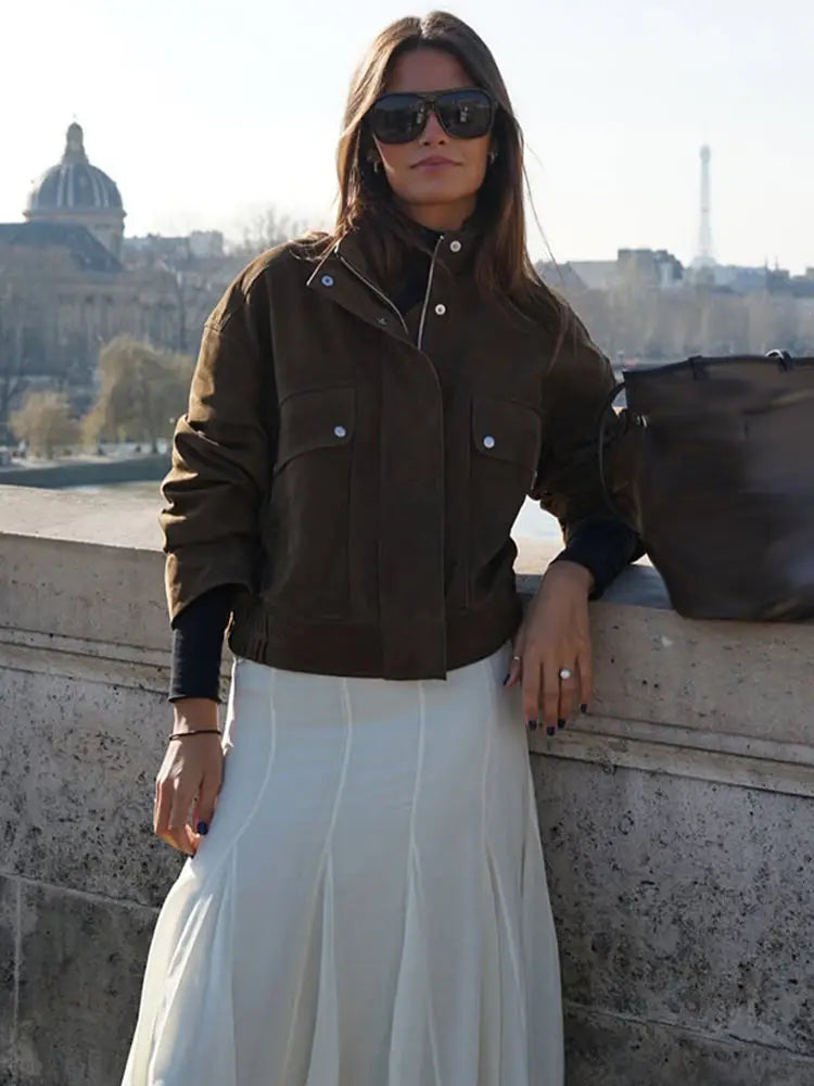 Zipper Suede Cargo Jacket Coat Button Lapel Maillard Slimming Workwear Leather Jackets Short Outwear Commute Overcoat