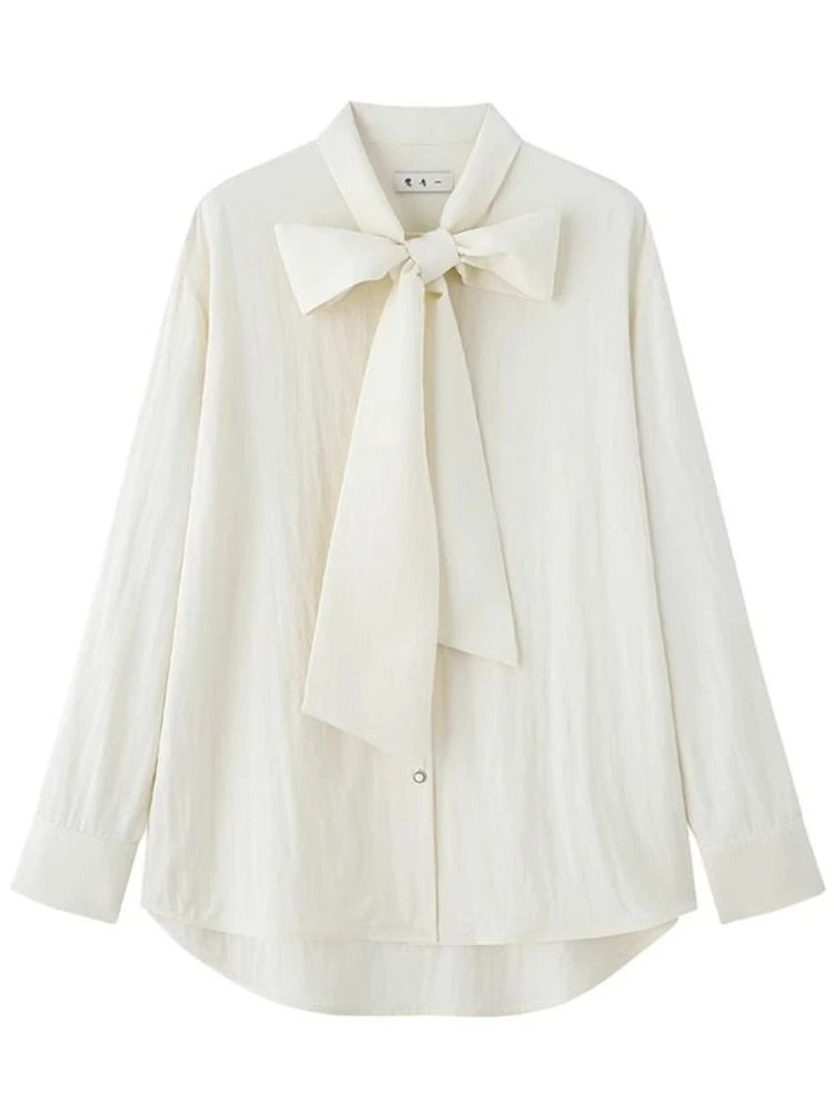 Beige Blouse Bow Tie Long Sleeve Shirt Female Oversized Office Spring Clothes