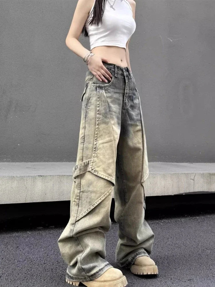 American Retro High Waist Baggy Jeans Y2k Hip Hop Straight Wide Leg Denim Pants Harajuku Causal Mujer Bottoms