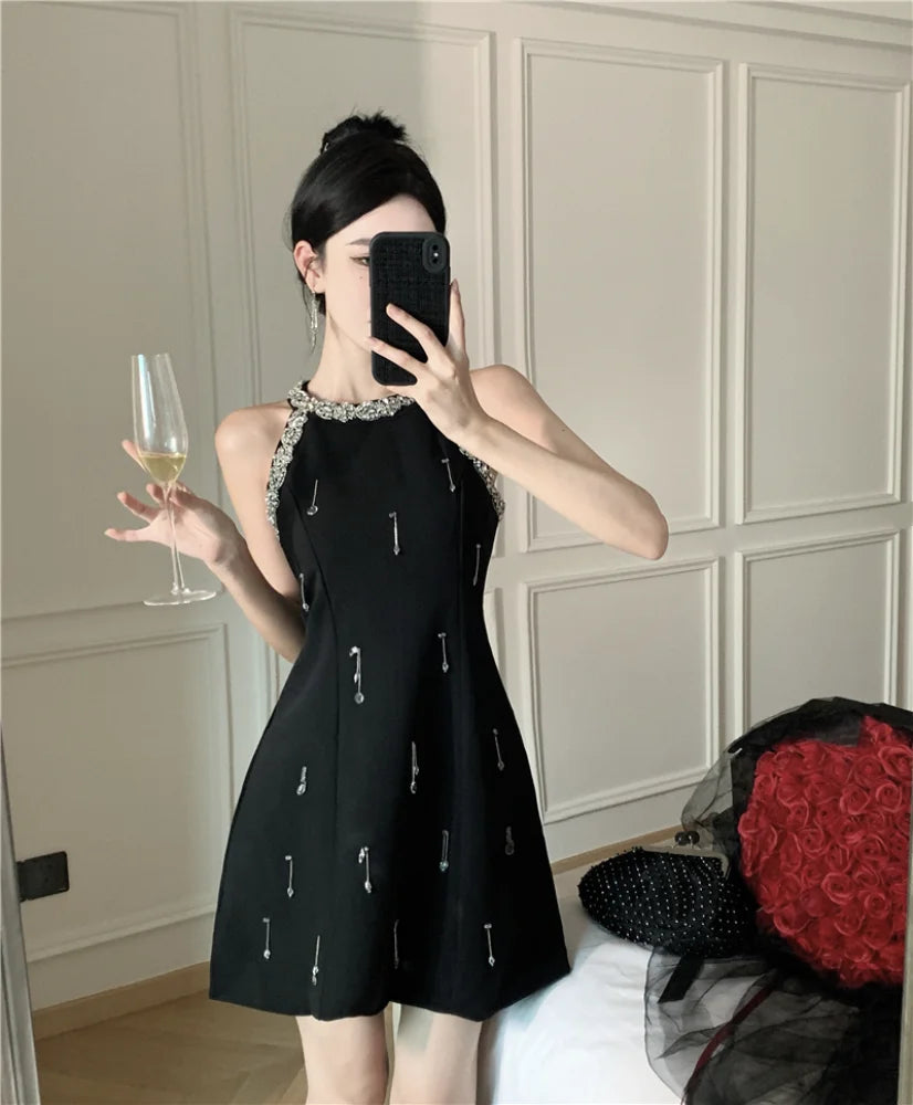 Summer Mini Dress Black Oneck Shine Diamond Beading Slim Gown Femme Evening Party Banquet Runway