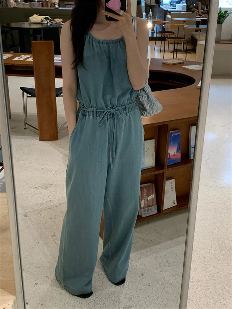 Stylish Rompers Loose High Street Summer Mujer Office Lady Halter Slim New Jeans Jumpsuits