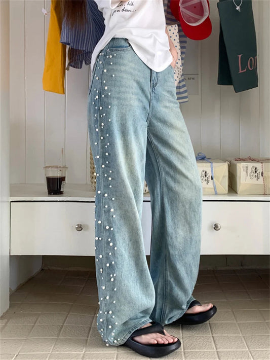 Summer Straight Jeans Pearls Wide Leg Mopping Light Washed High Waist New Denim Pants