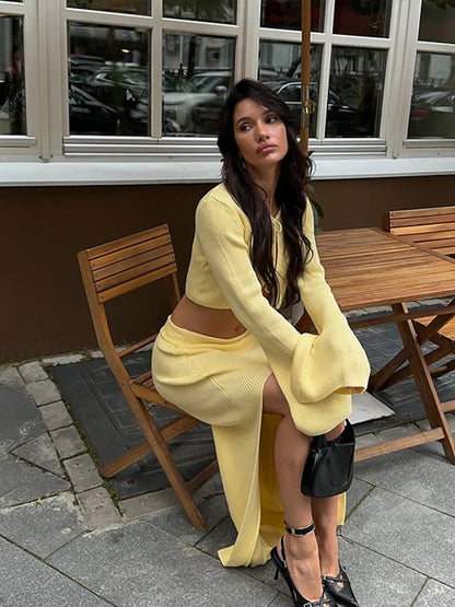 Knitted Lace Up 2pcs Set With Skirt Long Sleeve Waist Exposed Cardigan Slit Long Skirts Autumn New Matching Sets