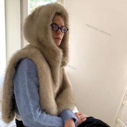 Exclusive Y3k Hooded Sleeveless Faux Fur Coat Waistcoat Autumn Winter Gradient Fox Fur Vest Top Gilet Femme