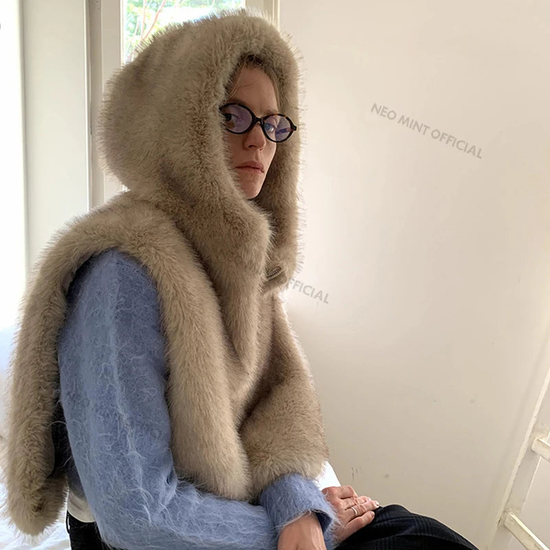 Exclusive Y3k Hooded Sleeveless Faux Fur Coat Waistcoat Autumn Winter Gradient Fox Fur Vest Top Gilet Femme
