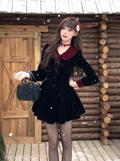 Black Velvet Dresses French Sweet Birthday Party Mini Dress Autumn Spring Female Pleated Aline Short Vestidos