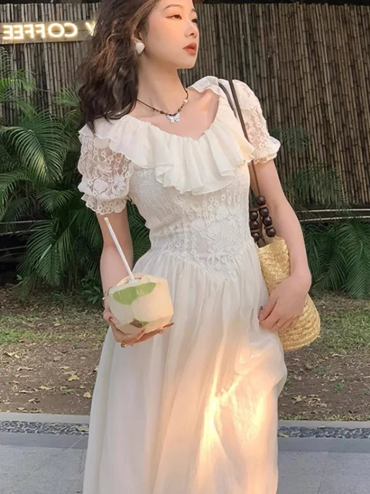 Off Shoulder Midi Dress Lace Patchwork New Summer Ruffles Aline French Prom Robe Vestidos