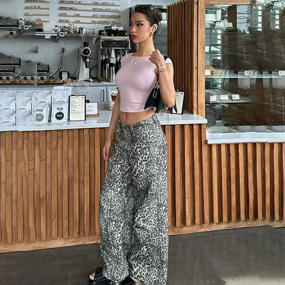 New Leopard Print Retro Straight Long Pants for Loose Slightly Flared Trousers Female Club Party Pants