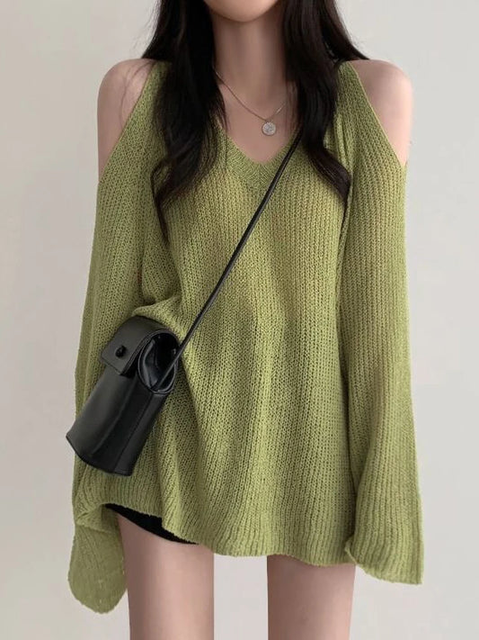 Korean Dongdaemun Off Shoulder Long Sleeve Sweater V-neck Oversize Pullover Youth Knitwear