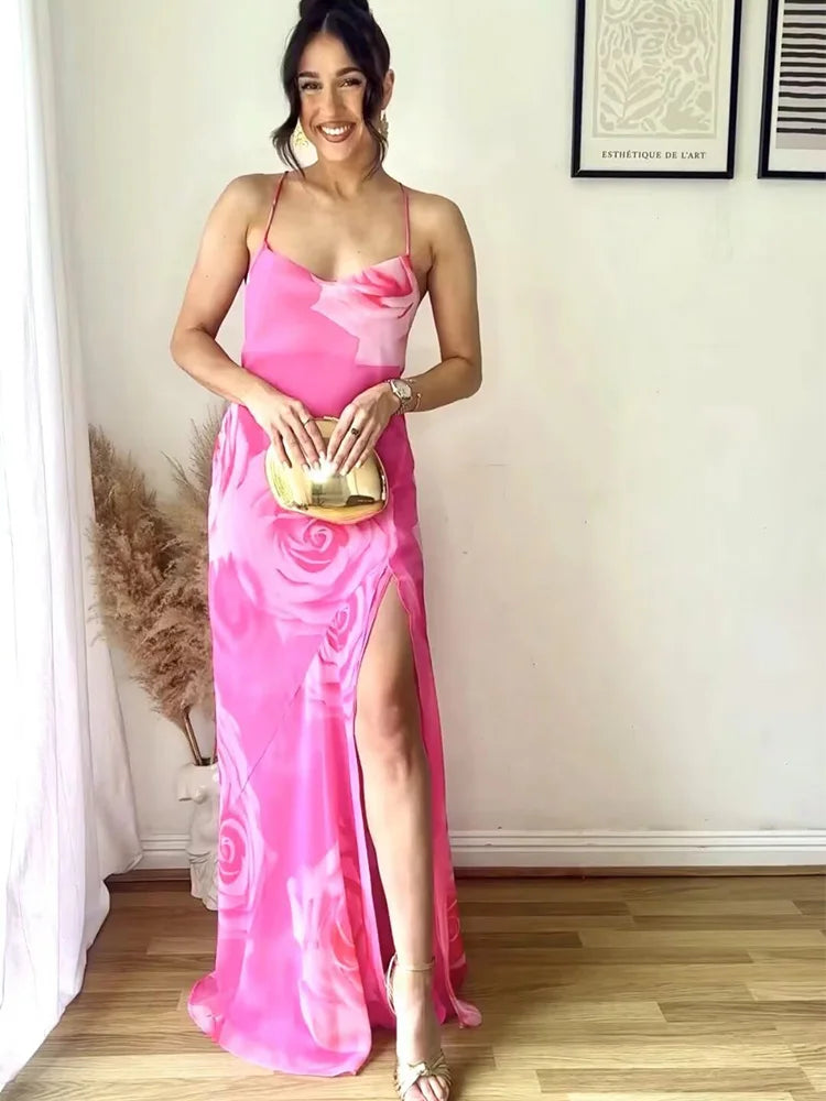 Summer Slip Maxi Dress Printed Slim Party Long Dresses Female Slim Backless High Slit Dress