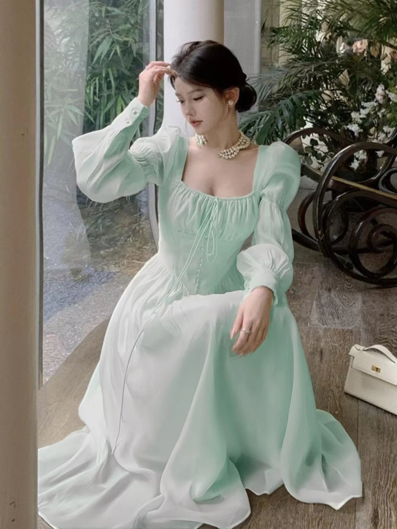 Autumn New Princess Midi Dresses for Square Collar Slim Waist Puff Sleeve Female Clothing One Piece Vestido