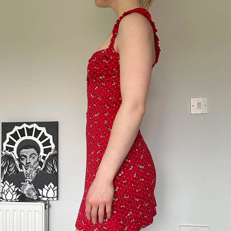 Print Sleeveless Mini Dress Red Fairycore Aline Sundress for Holiday Party Outfits Y2k Robe