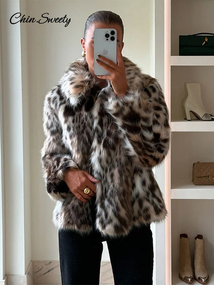 Leopard Print Faux Fur Short Coat Puff Plush Lapel Loose Button Jacket Female Winter Thick Warm Outerwear